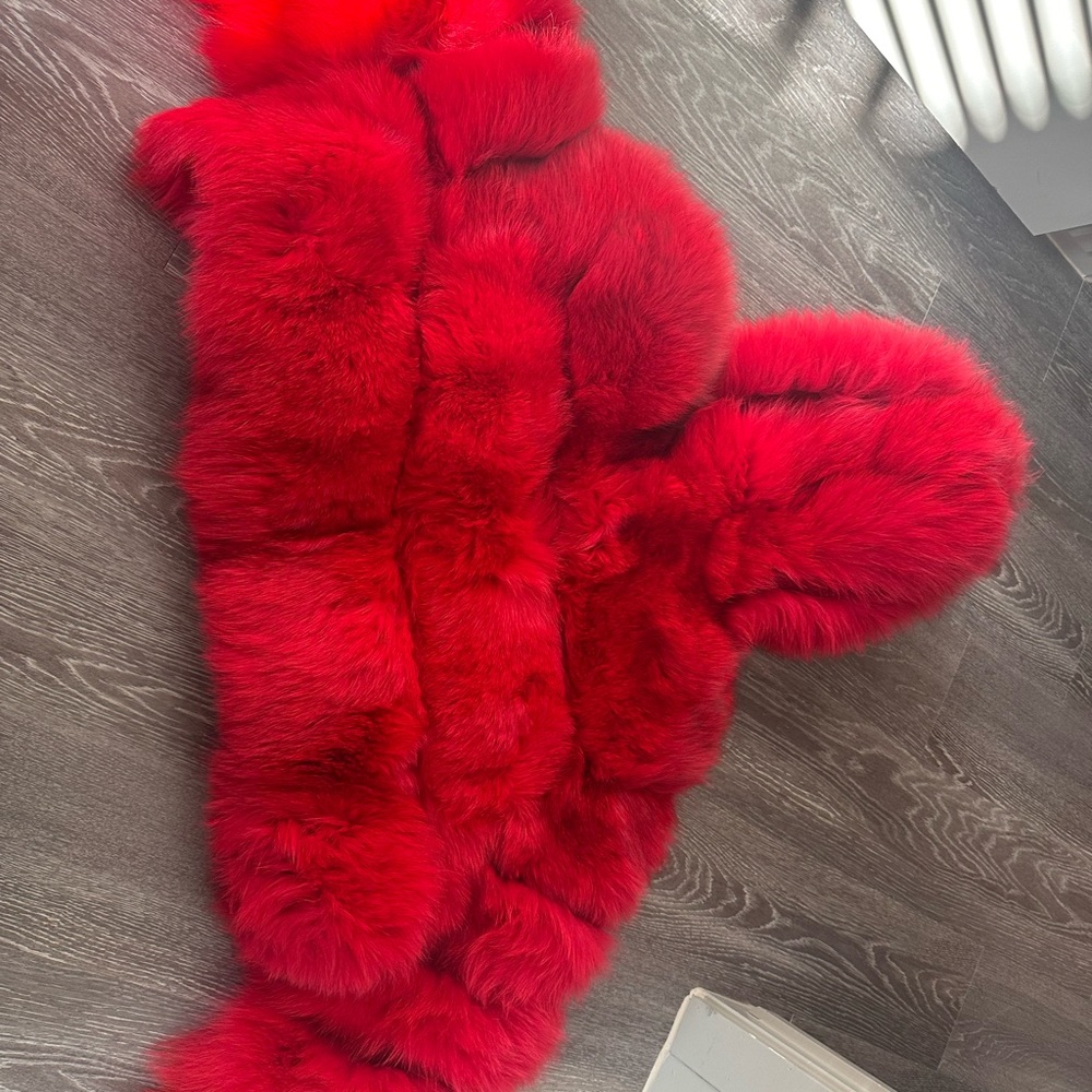 red FAUX fur coat